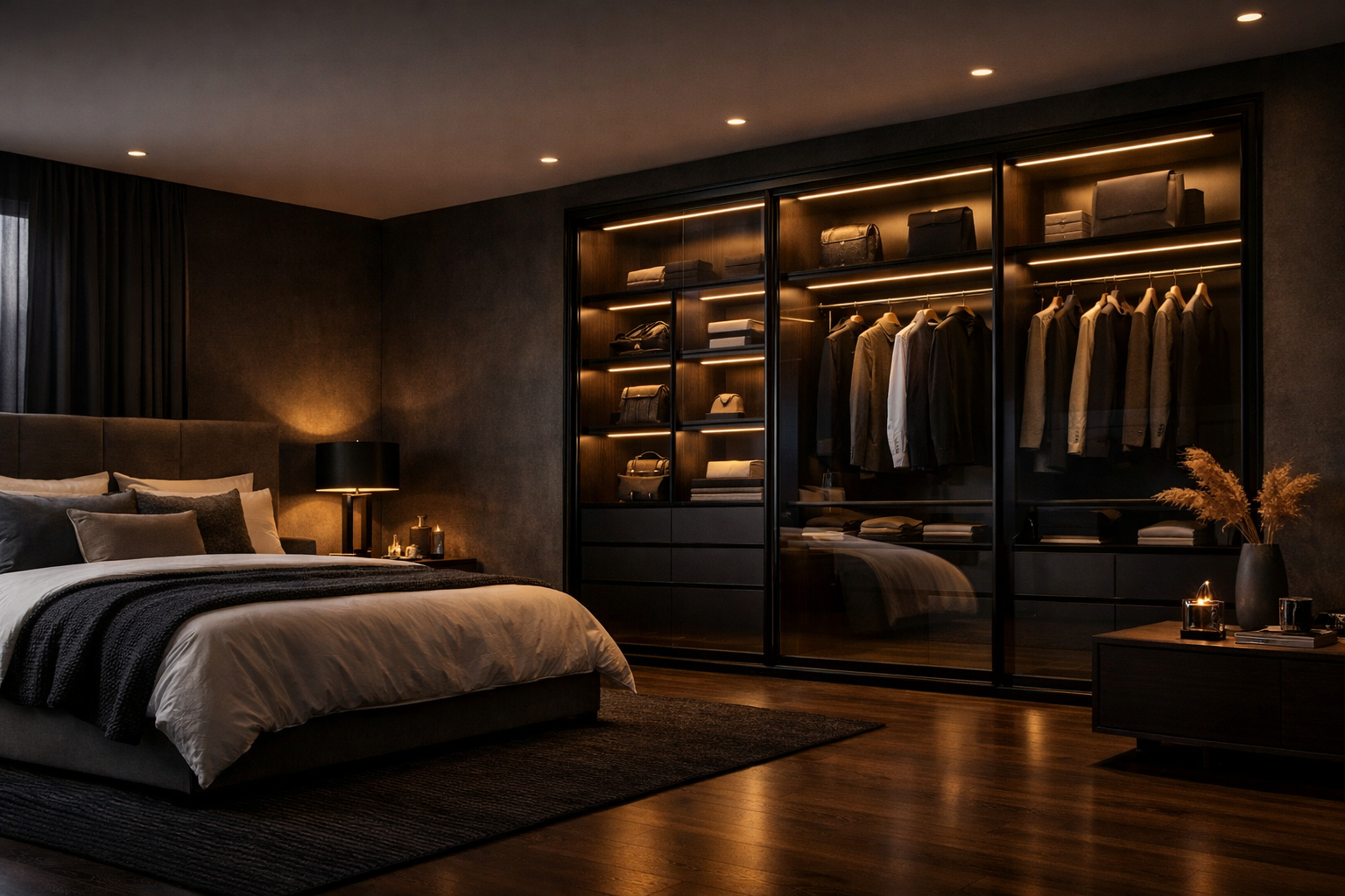 sliding wardrobe in a luxury bedroom.