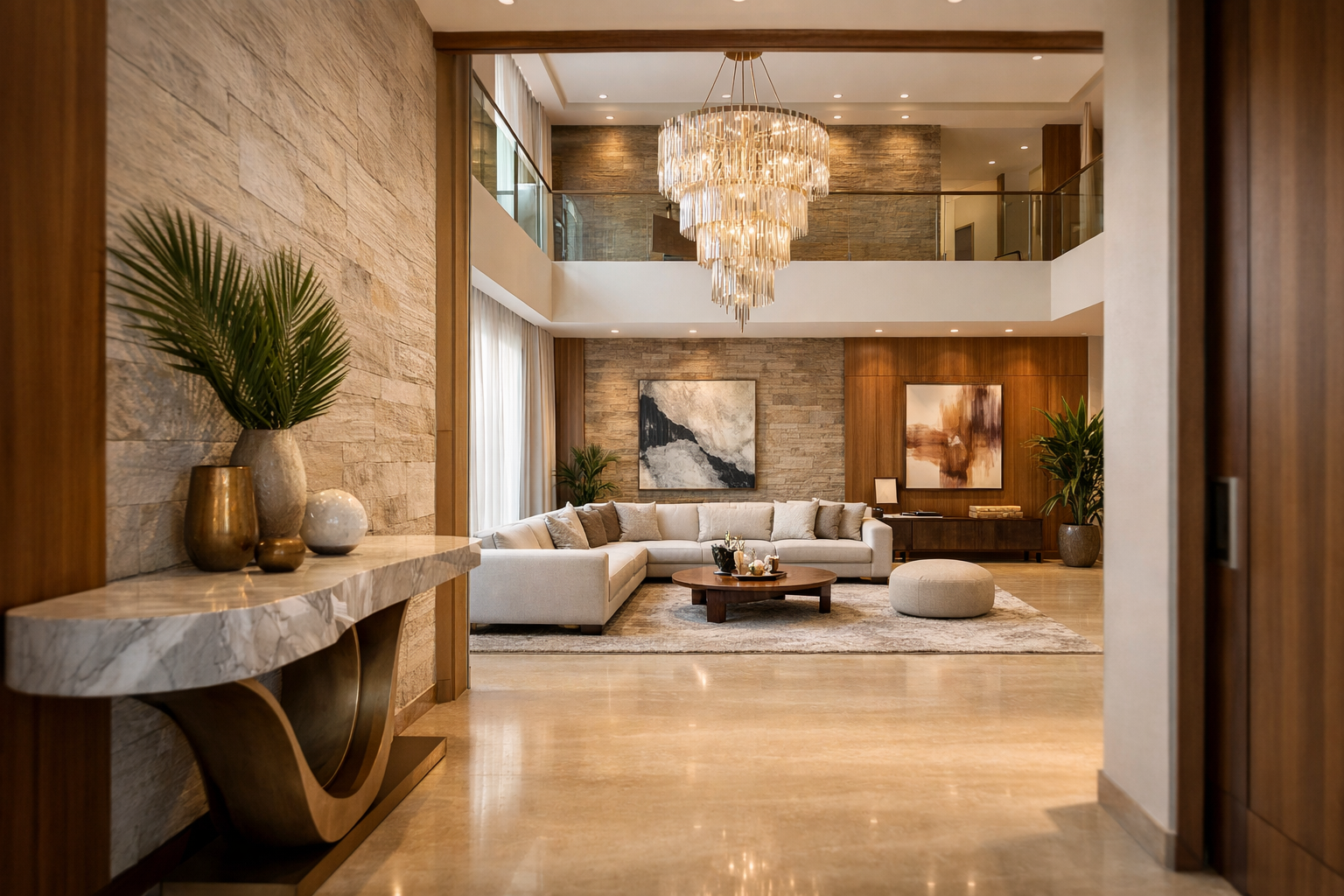 Modern luxury living room design in Bangalore.