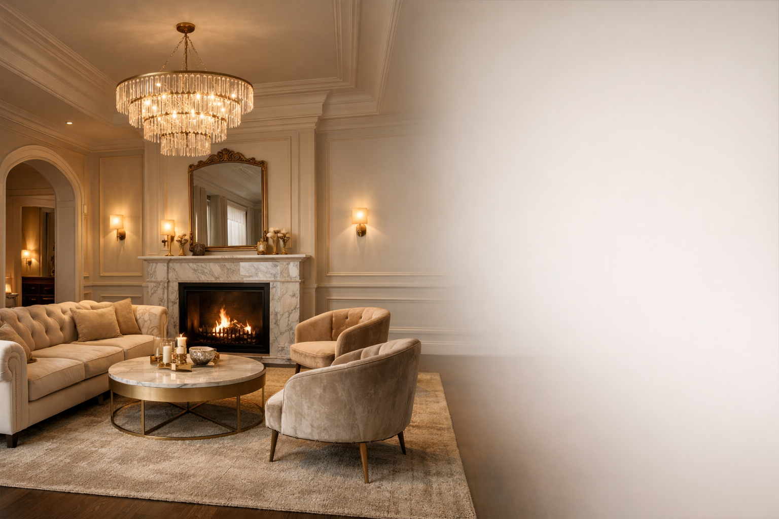 Modern-classic luxury living room interior with warm lighting.